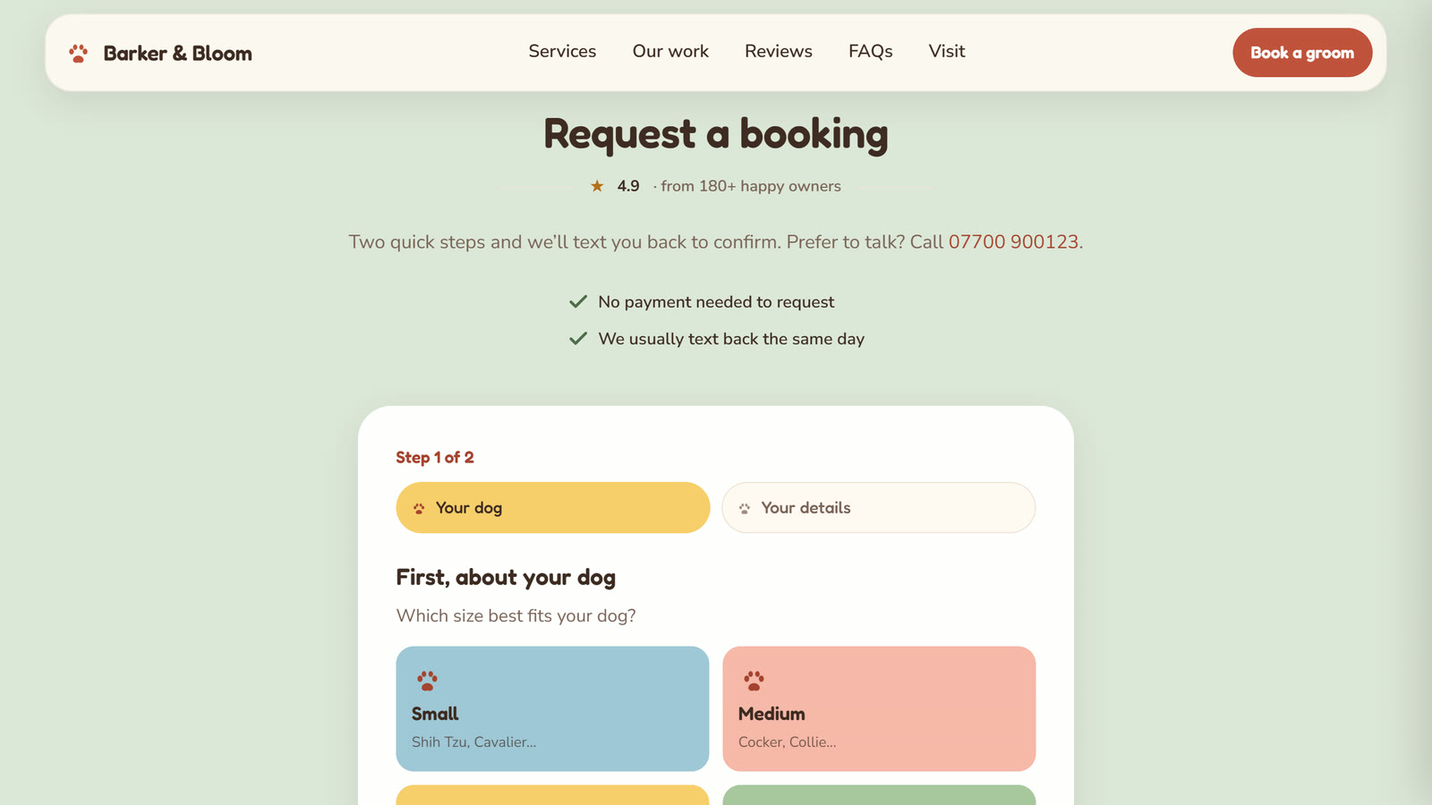 The two-step booking form, choosing a dog size on the first step.