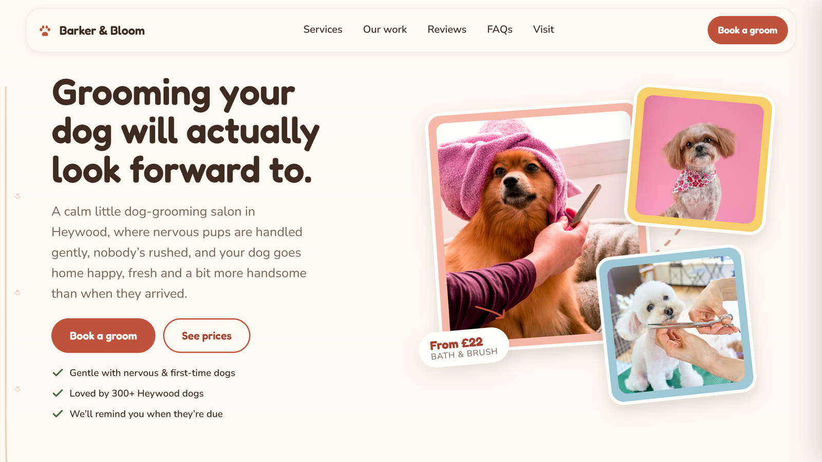 The Barker & Bloom welcome: a calm dog grooming salon with a book a groom button.