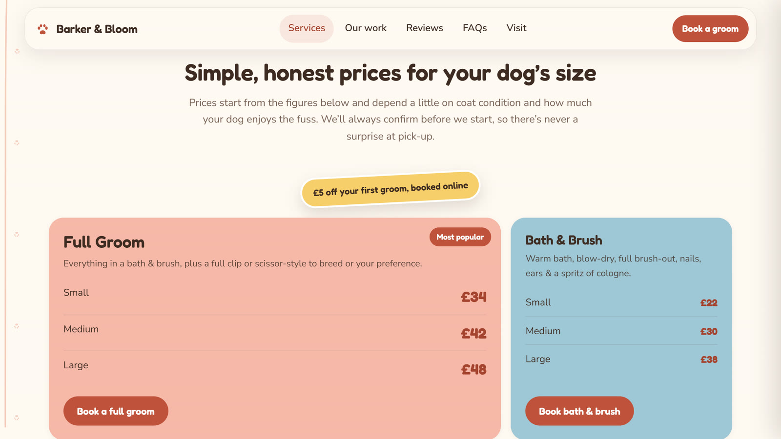 The price menu, with full groom and bath and brush priced by small, medium and large dog, plus little extras.
