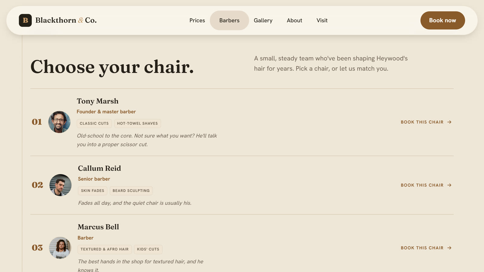 The barbers section, with a profile and specialisms for each of the four named barbers.