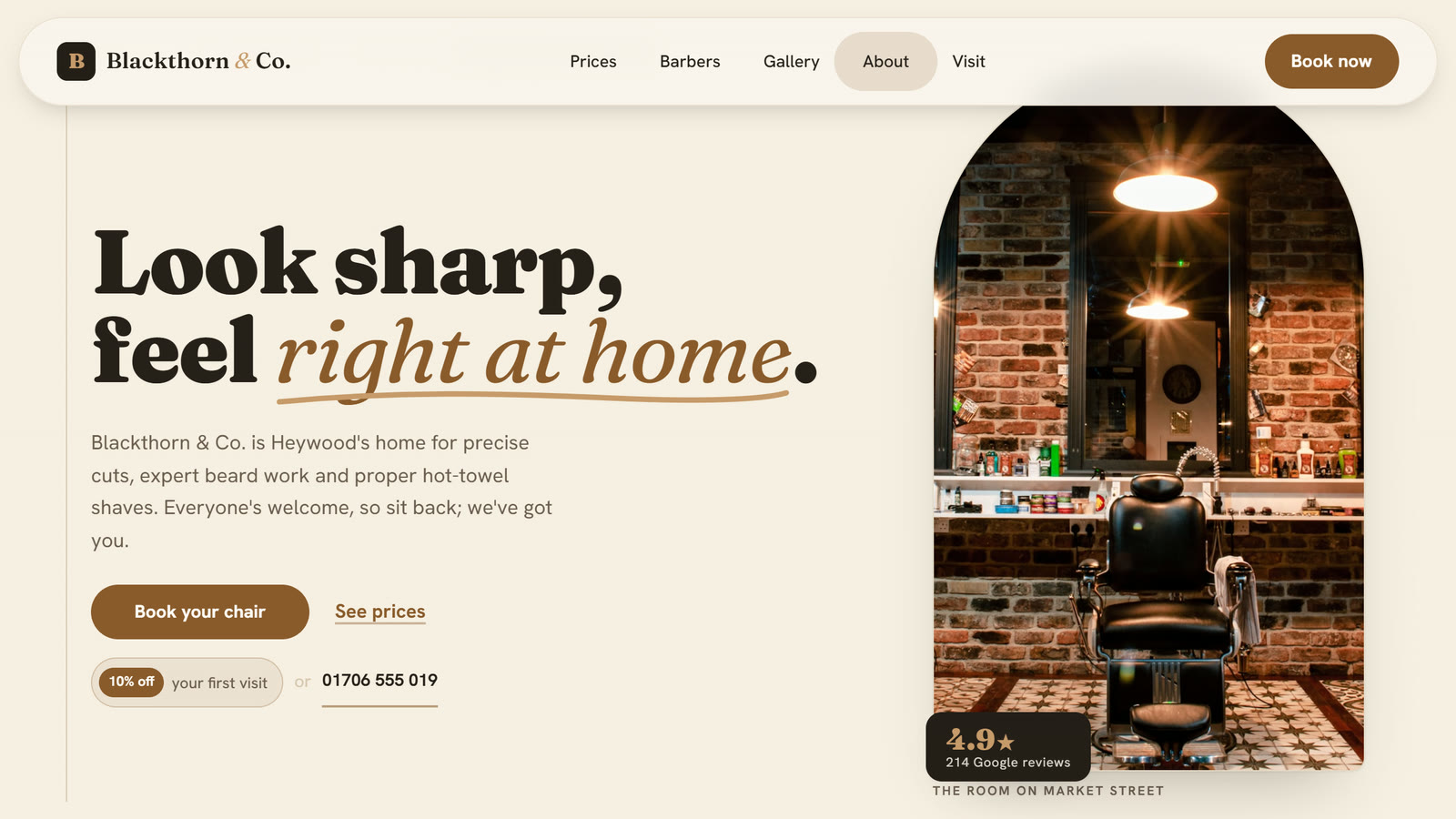 Blackthorn & Co. cover: the shop name over a Heywood barbershop, with a book your chair button and a 4.9 star rating.